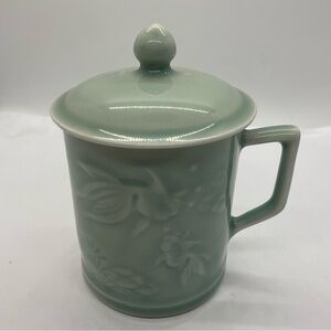 Vintage Tea Cup With Lid Embossed Koi Fish Celadon Tea Coffee Cups Mugs